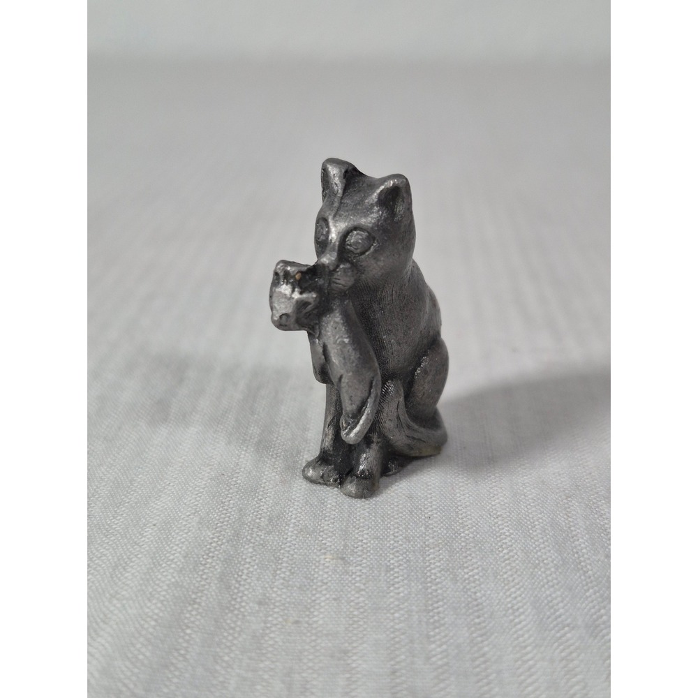Vintage Pewter Cat Carrying Kitten Miniature Figurine Mother and Baby Animal